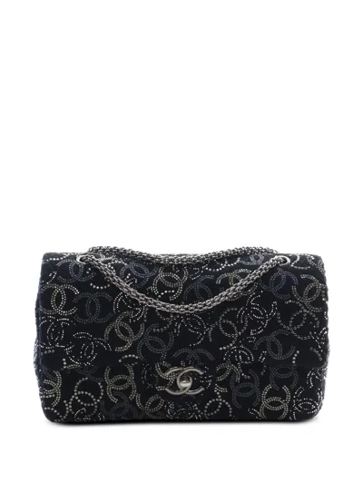 Pre-owned Chanel 2009-2010 Paris Shanghai Medium Tweed Strass Embellished Pudong Double Flap Shoulder Bag In Black