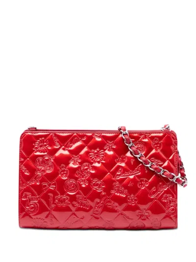 Pre-owned Chanel 2009-2010 Quilted Patent Embossed Lucky Symbols Pochette Shoulder Bag In Red