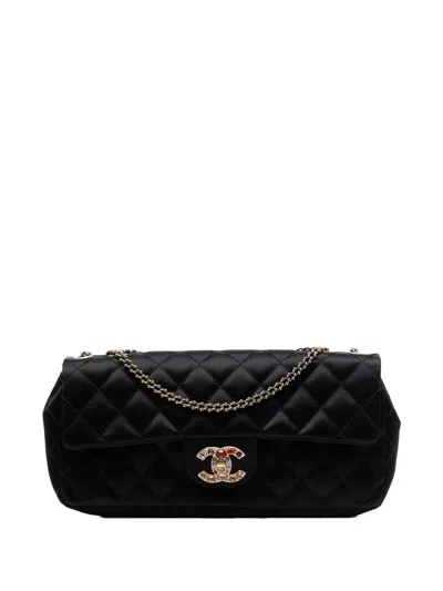 Pre-owned Chanel 2009-2010 Quilted Satin Precious Jewel East West Flap Shoulder Bag In Black