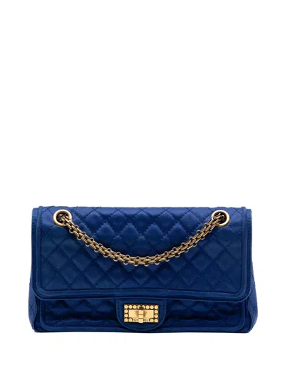 Pre-owned Chanel 2009-2010 Quilted Satin Reissue 2.55 Double Flap 225 Shoulder Bag In Blue