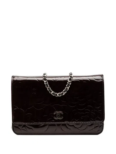 Pre-owned Chanel 2010-2011 Cc Embossed Patent Camellia Wallet On Chain Crossbody Bag In Brown