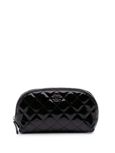 Pre-owned Chanel 2010-2011 Cc Quilted Patent Cosmetic Pouch In Black