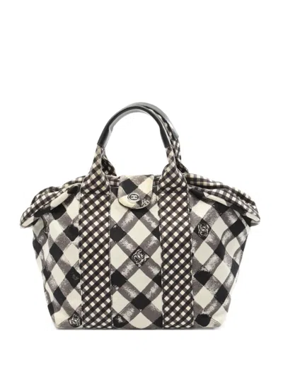 Pre-owned Chanel 2010-2011 Cruise Line Coco Mark Checked Canvas Tote Bag In White