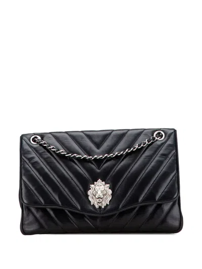 Pre-owned Chanel 2010-2011 Jumbo Chevron Lambskin Leo Lion Flap Shoulder Bag In Black