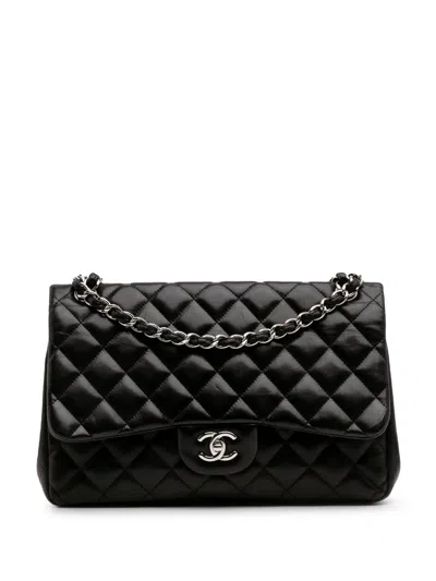 Pre-owned Chanel 2010-2011 Jumbo Classic Lambskin Double Flap Shoulder Bag In Black