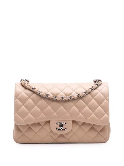 Pre-owned Chanel 2010-2011 Jumbo Classic Lambskin Double Flap Shoulder Bag In Brown