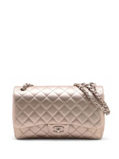 Pre-owned Chanel 2010-2011 Jumbo Classic Metallic Lambskin Double Flap Shoulder Bag In Brown