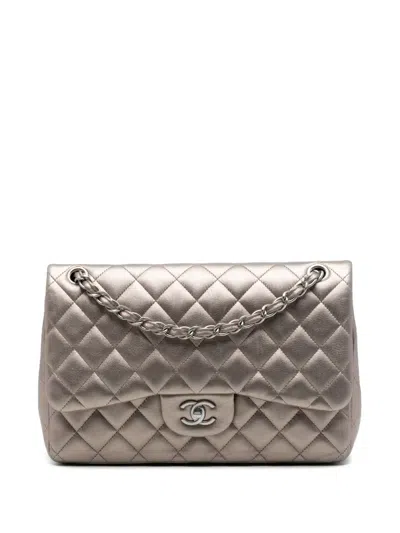 Pre-owned Chanel 2010-2011 Jumbo Classic Metallic Lambskin Double Flap Shoulder Bag In Brown