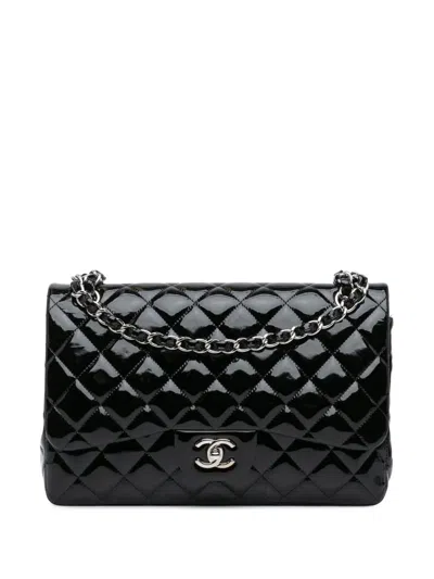 Pre-owned Chanel 2010-2011 Jumbo Classic Patent Double Flap Shoulder Bag In Black