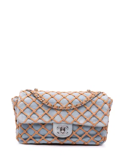 Pre-owned Chanel 2010-2011 Jumbo Denim Canebiers Net Flap Shoulder Bag In Blue