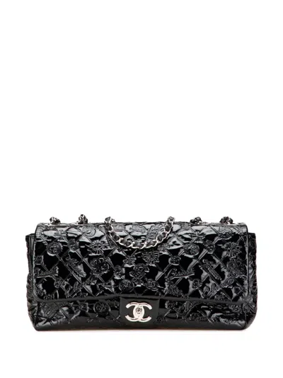 Pre-owned Chanel 2010-2011 Jumbo Patent Lucky Symbols Flap Shoulder Bag In Black
