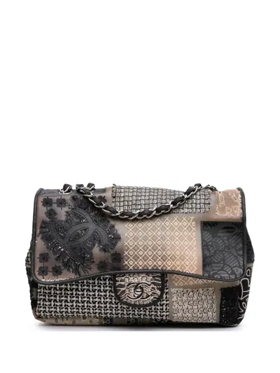 Pre-owned Chanel 2010-2011 Jumbo Pvc And Tweed Patchwork Single Flap Shoulder Bag