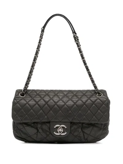Pre-owned Chanel 2010-2011 Large Iridescent Quilted Calfskin Coco Pleats Flap Shoulder Bag In Black