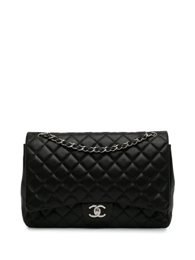 Pre-owned Chanel 2010-2011 Maxi Classic Lambskin Double Flap Shoulder Bag In Black