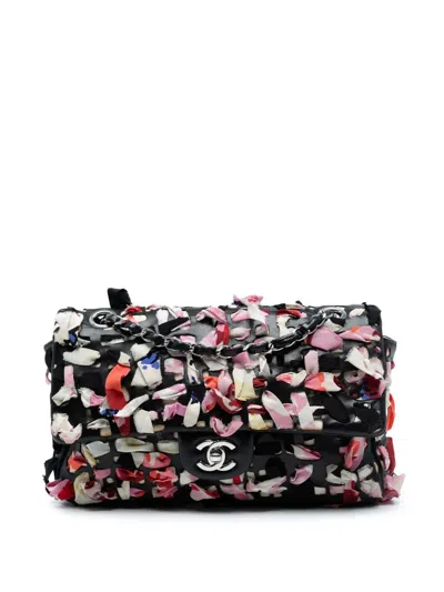 Pre-owned Chanel 2010-2011 Medium Classic Lambskin And Silk Ribbon Single Flap Shoulder Bag In Black