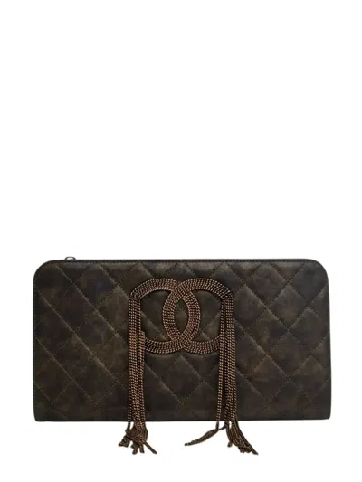 Pre-owned Chanel 2010-2011 Metallic Lambskin Cc Chain Fringe Clutch Bag In Black