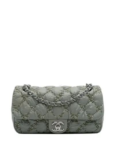 Pre-owned Chanel 2010-2011 Paris-byzance Nylon Tweed On Stitch Bubble Accordion Flap Shoulder Bag In Gray