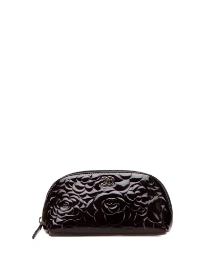 Pre-owned Chanel 2010-2011 Patent Camellia Cosmetic Pouch In Black