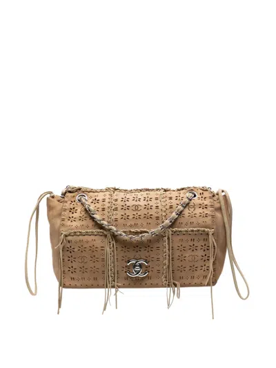 Pre-owned Chanel 2010-2011 Perforated Suede Fringe Flap Shoulder Bag In Brown