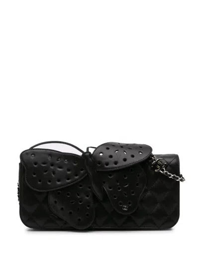 Pre-owned Chanel 2010-2011 Quilted Lambskin Butterfly Clutch With Chain Crossbody Bag In Black