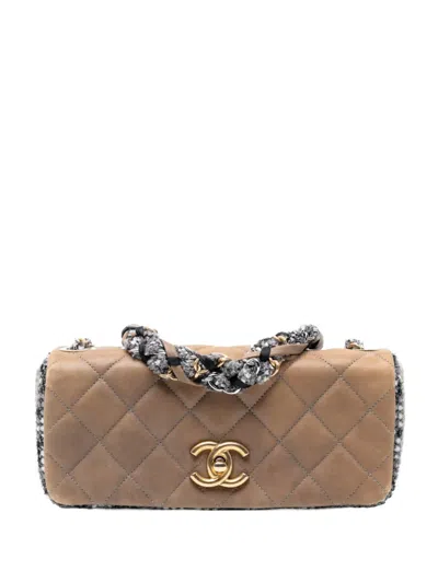 Pre-owned Chanel 2010-2011 Small Quilted Lambskin And Tweed Chain Flap Shoulder Bag In Brown
