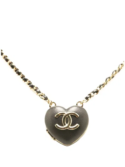 Pre-owned Chanel 2010-2024 Lambskin Cc Heart Mirror Locket Pendant Necklace Costume Necklace In Black