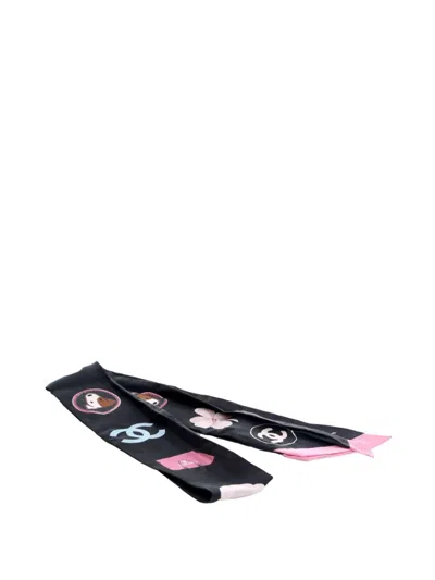Pre-owned Chanel 2010-2025 Cc Logo Camellia And Dog Silk Bandeau Scarf Scarves In Black