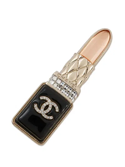 Pre-owned Chanel 2010-2025 Gold Plated Resin Crystal Lipstick Brooch Costume Brooch
