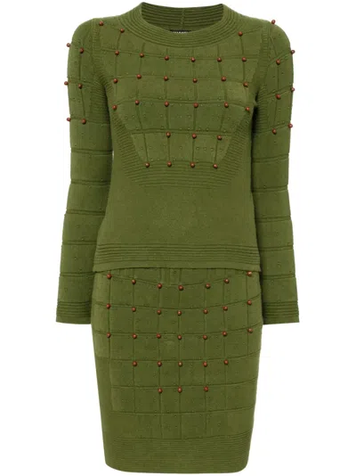 Pre-owned Chanel 2010 Beaded Knitted Top And Skirt Set In Green