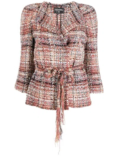 Pre-owned Chanel 2010 Belted Tweed Jacket In Neutrals
