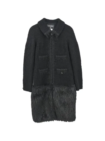 Pre-owned Chanel 2010 Bouclé Faux-fur Coat In Black