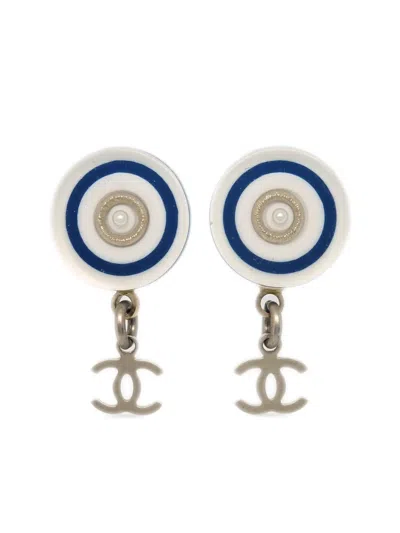 Pre-owned Chanel 2010 Cc Button Dangle Stud Earrings In White