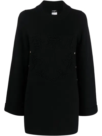 Pre-owned Chanel 2010 Cc Embroidered-motif Cashmere Knitted Dress In Black