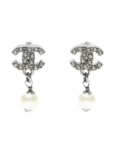 Pre-owned Chanel 2010 Cc-mark Rhinestone Pearl Earrings In Silver