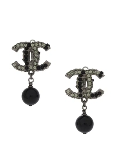 Pre-owned Chanel 2010 Cc-pendant Rhinestone Earrings In Silver