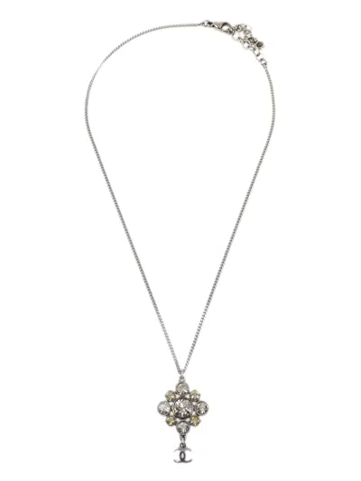 Pre-owned Chanel 2010 Cc Rhinestone-embellished Pendant Necklace In Silver