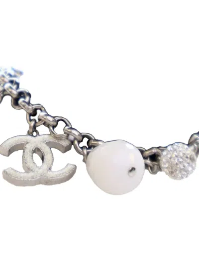 Pre-owned Chanel 2010 Cc Silver Plated Crystal Beads Charm Bracelet Costume Bracelet