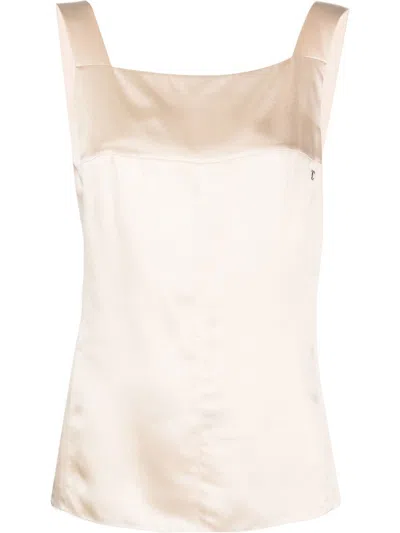 Pre-owned Chanel 2010 Cc Square-neck Sleeveless Silk Top In Neutrals