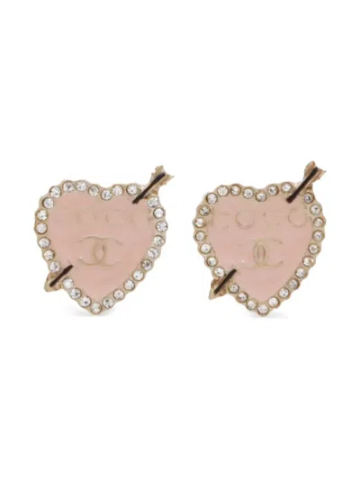 Pre-owned Chanel 2010 Enameled Heart Stud Earrings In Gold