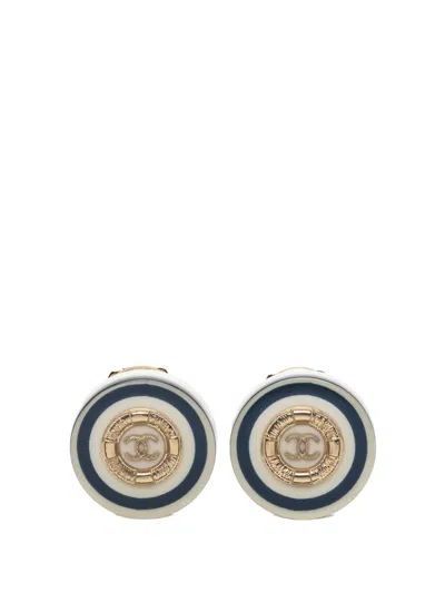 Pre-owned Chanel 2010 Gold Plated Cc Resin Button Clip On Earrings Costume Earrings