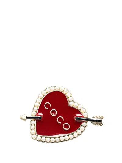 Pre-owned Chanel 2010 Gold Plated Enamel Faux Pearl Coco Heart And Arrow Brooch Costume Brooch In White