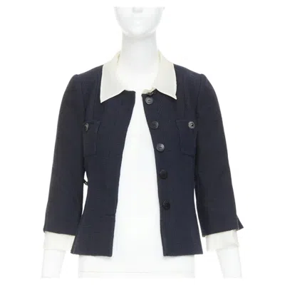 Pre-owned Chanel 2010 Karl Lagerfeld Runway Black Cream Silk Trim Collar Crop Coat Fr36 S In White