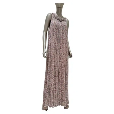 Pre-owned Chanel 2010 Silk Art Print Maxi Dress Fr 36 Ruffled Rosette Neckline In Gray