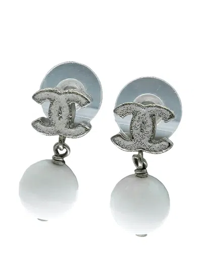 Pre-owned Chanel 2010 Silver Plated Cc Enamel Bead Drop Push Back Earrings Costume Earrings