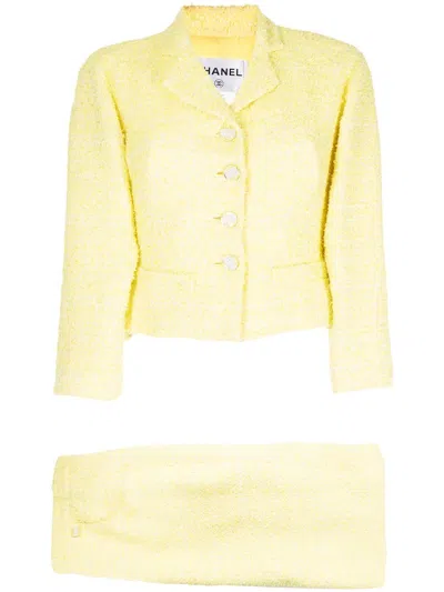 Pre-owned Chanel 2010 Single-breasted Tweed Skirt Suit In Yellow