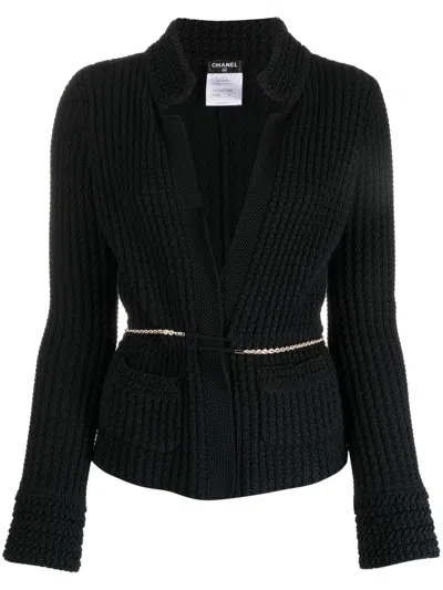 Pre-owned Chanel 2010 V-neck Belted Cardigan In Black