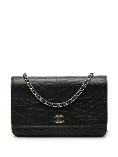 Pre-owned Chanel 2010-2011 Cc Embossed Lambskin Camellia Wallet On Chain Crossbody Bag In Black