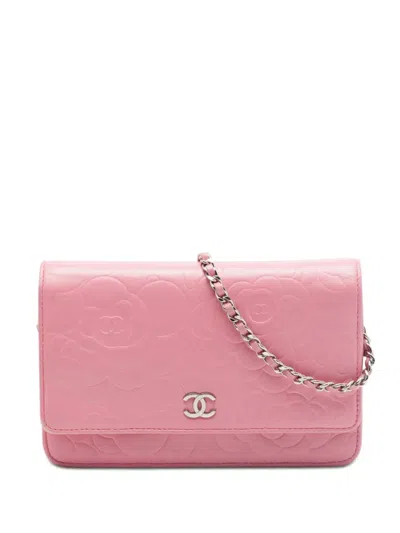 Pre-owned Chanel 2010-2011 Cc Embossed Lambskin Camellia Wallet On Chain Crossbody Bag In Pink
