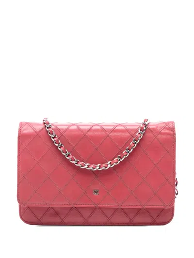 Pre-owned Chanel 2010-2011 Cc Lambskin Wild Stitch Wallet On Chain Crossbody Bag In Pink