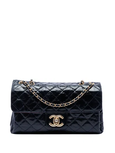 Pre-owned Chanel 2010-2011 Cc Quilted Aged Glazed Calfskin Accordion Flap Shoulder Bag In Blue